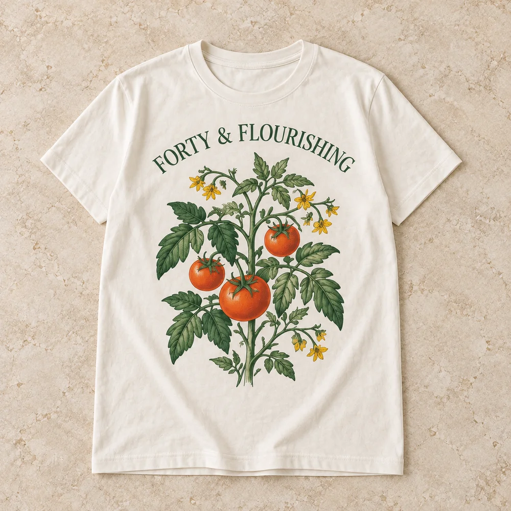 Cream tee with a tomato plant and Forty and Flourishing lettering