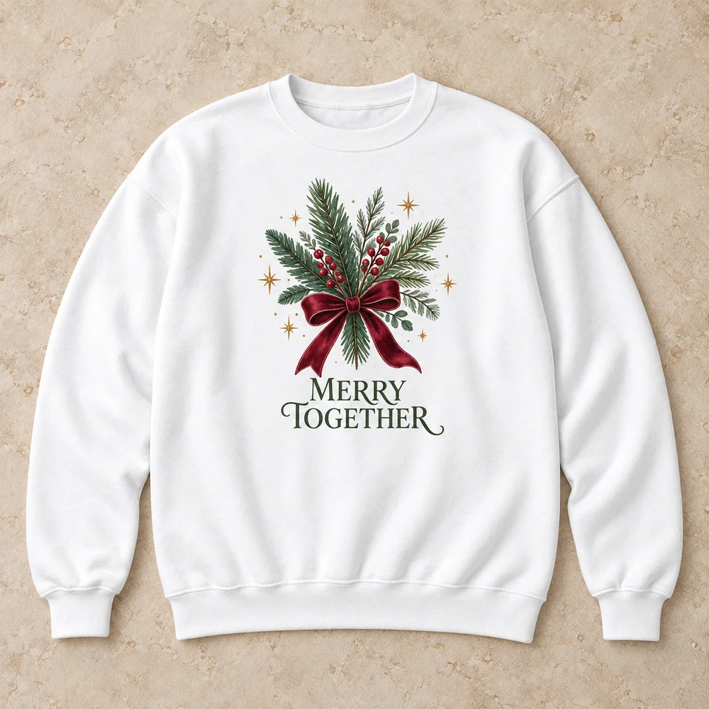 White sweatshirt with a fir bouquet, burgundy bow and Merry Together print