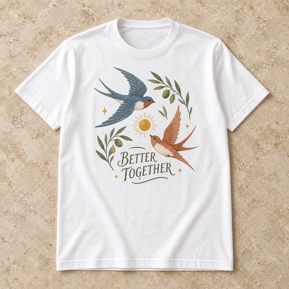 White tee with two swallows and Better Together lettering