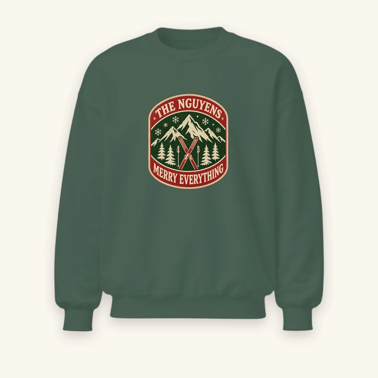 The ski lodge badge on Heavy Blend Crewneck Sweatshirt