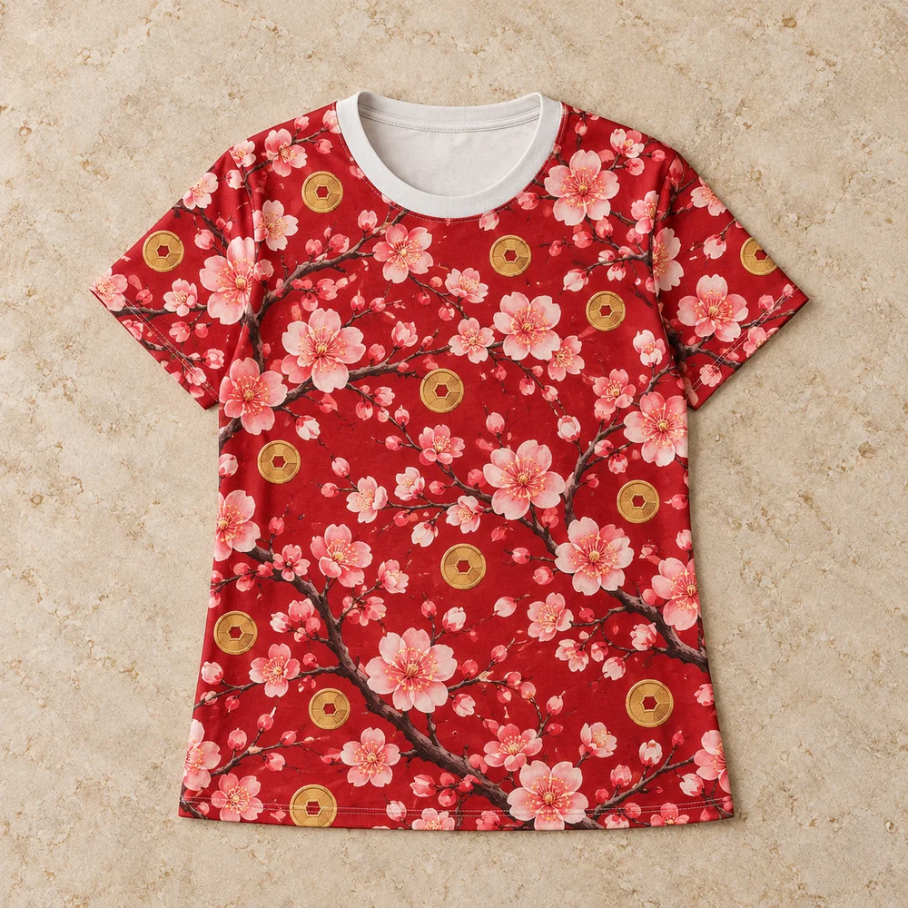 Plum blossoms on red on All-Over Print Women's Tee